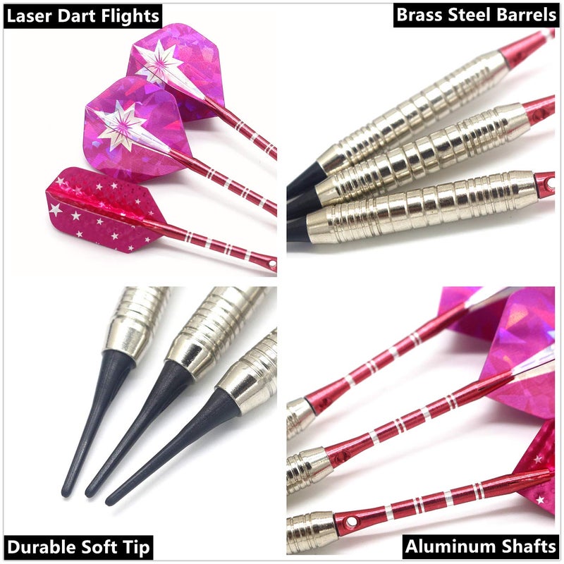 ROOBEEO Soft Tip Darts Set for Electronic Dart Board 18/22g Plastic Tip Darts Set with Brass Barrels&Aluminum Shafts, 6 Flights 3 Spare Plastic Dart Shaft 20 Soft Tips Portable Case (18g-Silver&Pink) - Image 3